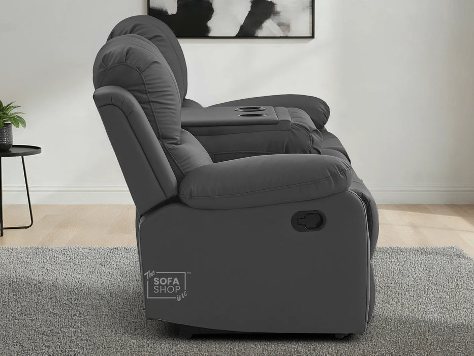 3 Seater Recliner Sofa in Grey Leather with Drop-Down Table & Cup Holders | Stylish & Easy-Care Recliner Sofa | Trento