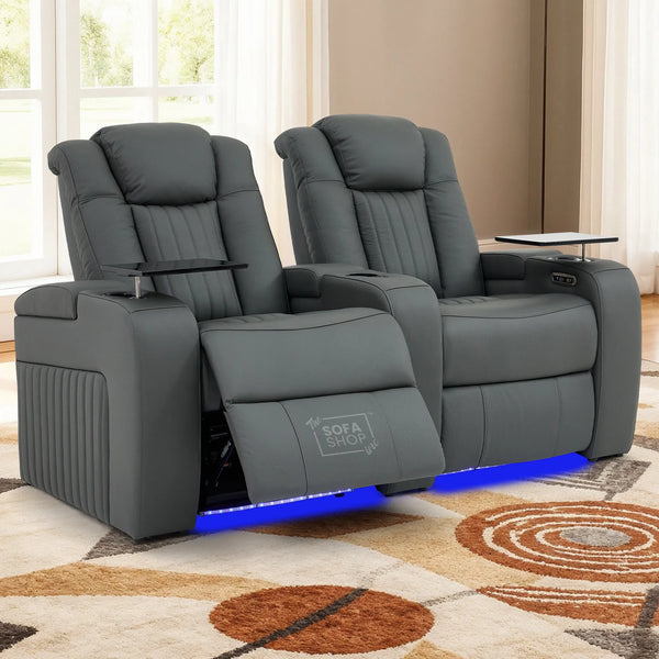 2 Seater Real Leather Power Recliner Smart Cinema Sofa | Grey Couch with Massage, Arm Storage, and Adjustable Headrest | Capri | The Sofa Shop