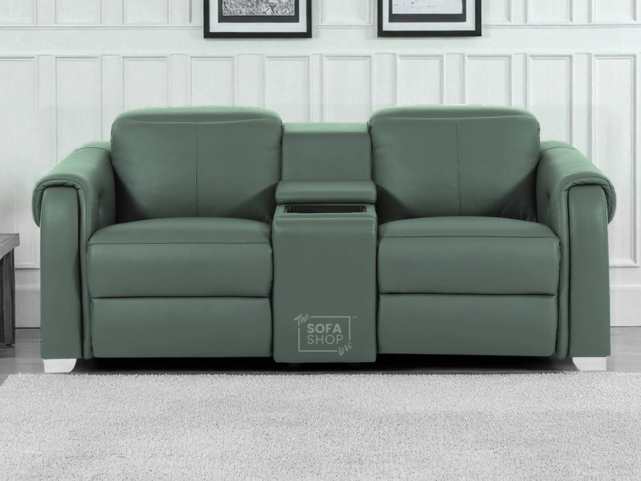 3+2+1 Electric Recliner Couch Set | 3 Piece Reclining Lounge Suite in Green Real Leather with Massage, Console, Wireless Charging, USB Ports & Power Headrests | Turin | The Sofa Shop