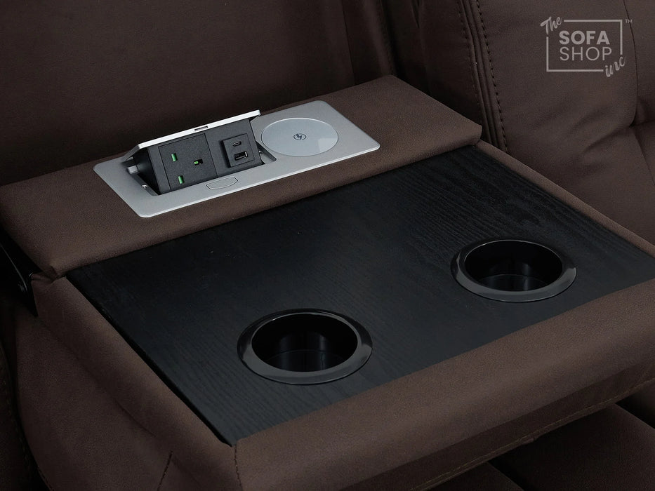 3+2 Electric Recliner Sofa Set in Brown Resillience Fabric | Hi-Tech Cinema Package with Massage, Drop-Down Table, Power Headrest, Power Recliner, Storage Drawer, USB & Wireless Charging | Sicily