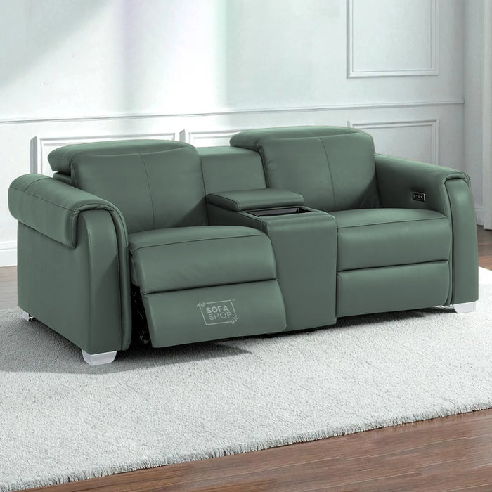 2 Seater Real Leather Electric Recliner Sofa | Cinema Sofa | Hi-Tech Sofa in Green with Massage, Middle Console, Wireless Charging, Adjustable Headrests & USB | Turin