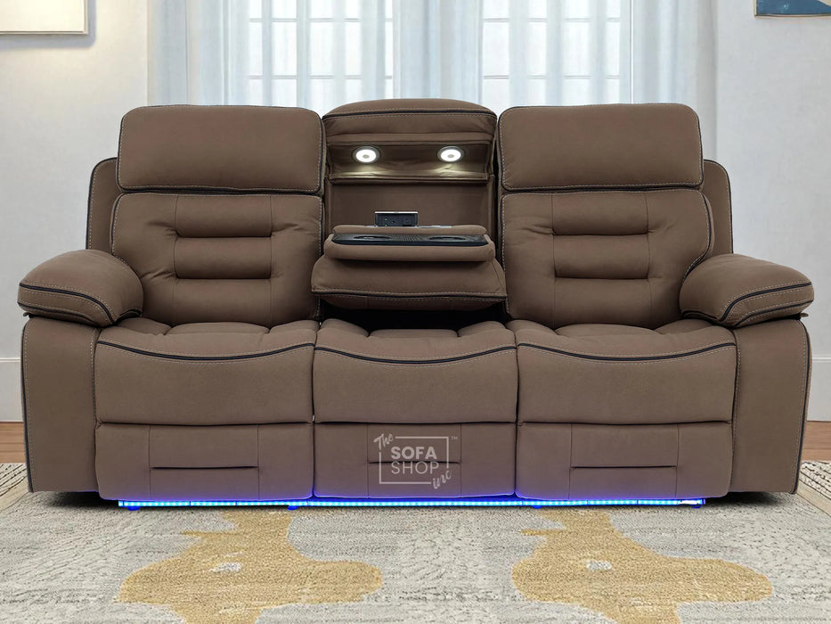 3 Seater Electric Recliner Cinema Sofa in Brown Fabric | Hi-Tech Sofa With Massage, Fold-Down Table, Bluetooth Speakers, LED Lights & Power Headrest | Tuscany | The Sofa Shop