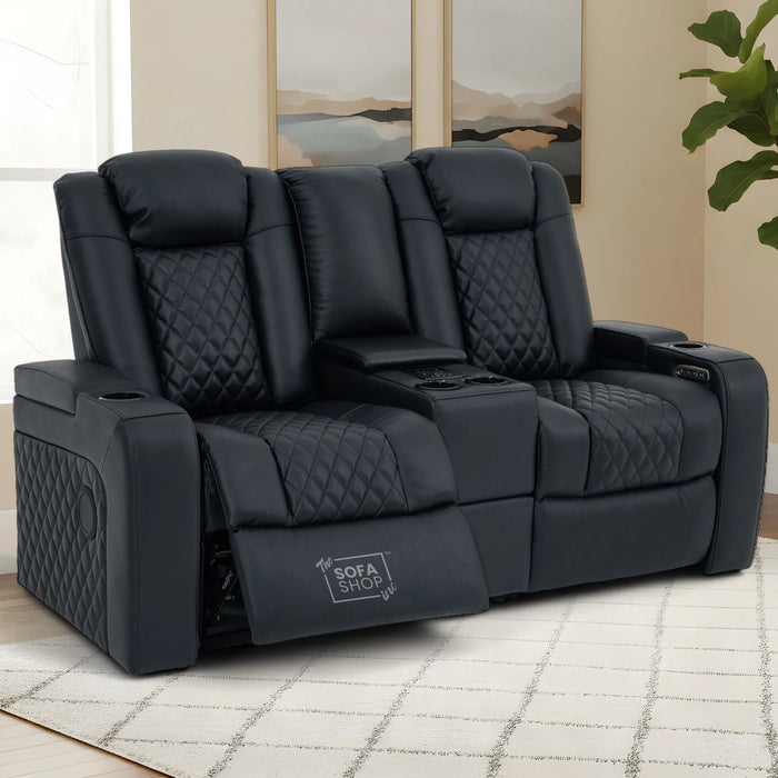 2 Seater Real Leather Electric Recliner Cinema Sofa in Black | Hi-Tech Sofa with Adjustable Headrest, Lumbar Support, Bluetooth Speaker | Milano | The Sofa Shop