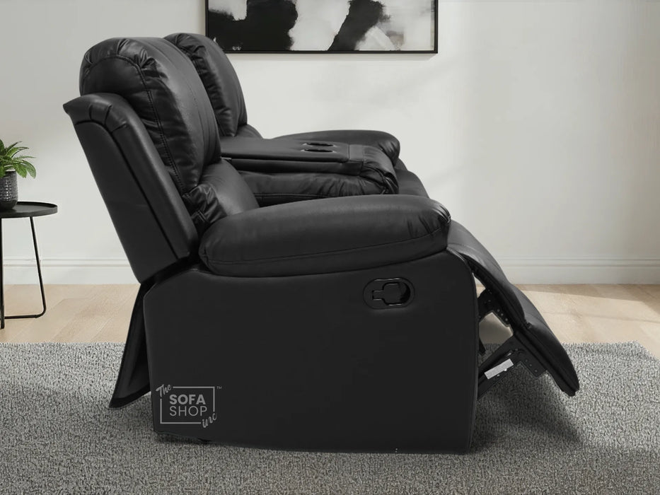 3 Seater Recliner Sofa in Black Leather with Drop-Down Table & Cup Holders | Easy to Clean & Comfortable | Trento