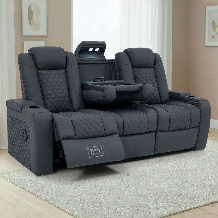3 Seater Real Leather Electric Recliner Cinema Sofa in Grey | Hi-Tech Sofa with Adjustable Headrest, Lumbar Support, Wireless Charger | Milano | The Sofa Shop