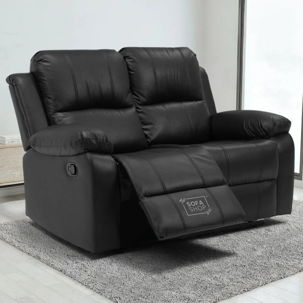 2 Seater Leather Recliner Sofa in Black | Space-Saving Manual Recliner | Trento