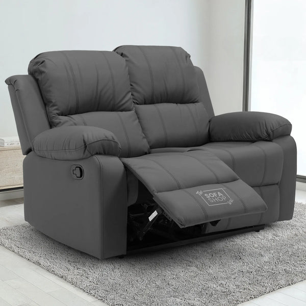 2 Seater Leather Recliner Sofa in Grey | Practical Manual Reclining Sofa with Fully Reclining Mechanism, Easy to Clean Leather & Compact Comfort | Trento
