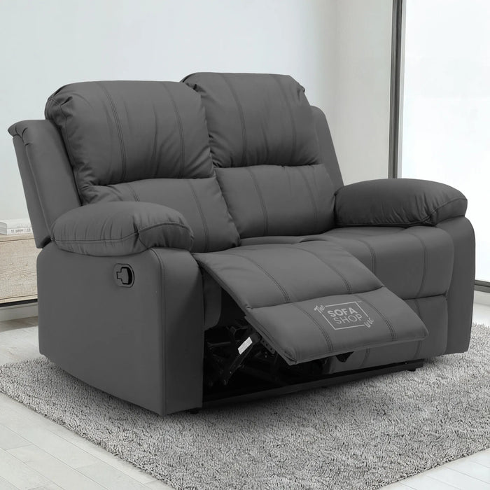 2 Seater Leather Recliner Sofa in Grey | Practical Manual Reclining Sofa with Fully Reclining Mechanism, Easy to Clean Leather & Compact Comfort | Trento