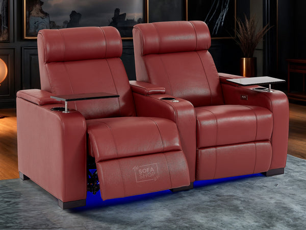 2 Seat Real Leather Electric Recliner Home Cinema Theatre Sofa In Red with Chilled Cupholders + Console + Power + USB + LED Lights | Rimini