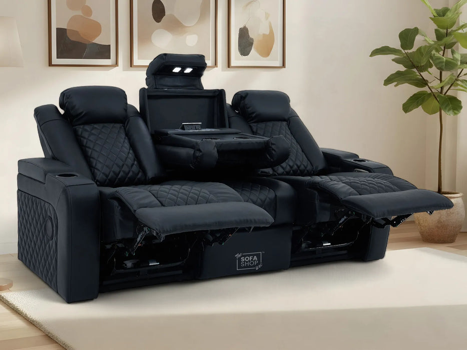 3 Seater Real Leather Electric Recliner Cinema Sofa in Black | Hi-Tech Sofa with Adjustable Headrest, Lumbar Support, Wireless Charger | Milano | The Sofa Shop