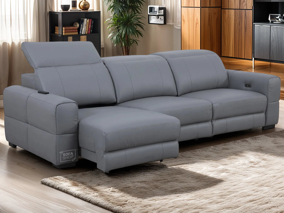 Extendable Electric Sofa - Bed in Grey Real Leather | 3 Independant Power Motion Seats Perfect for Cinema Room & Home Theatre | Adjustable Headrests | USBc Ports | Sevilla