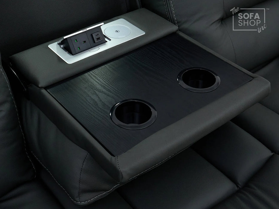 3+2 Electric Recliner Sofa Set in Grey Real Leather | Hi-Tech Cinema Package with Massage, Drop-Down Table, Power Headrest, Power Recliner, Storage Drawer, USB & Wireless Charging | Grey Real Leather | Sicily