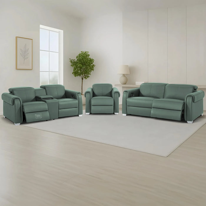 3+2+1 Electric Recliner Couch Set | 3 Piece Reclining Lounge Suite in Green Real Leather with Massage, Console, Wireless Charging, USB Ports & Power Headrests | Turin | The Sofa Shop