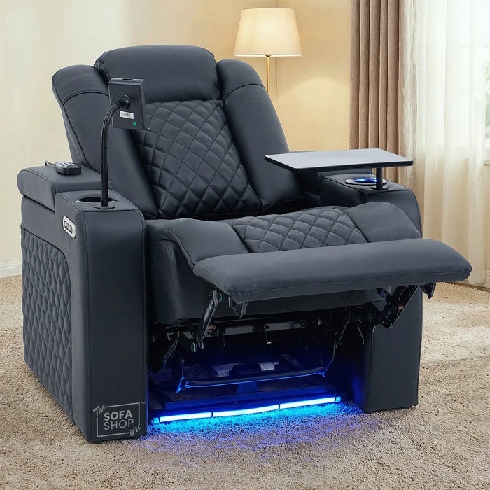 1 Seater Black Real Leather Electric Recliner Cinema Chair | Vibration Massage + Heating Lumbar + Power Headrest + Heating, Cooling & Heat Cup Holder & Power Grommet | Milano | The Sofa Shop