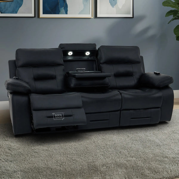 3 Seater Electric Recliner Cinema Sofa in Black Real Leather | Hi-Tech Cinema Seats with Massage, Drop-Down Table, LED Reading Light, Power Headrest, Power Recliner, Storage Drawer, USB & Wireless Charging | Sicily