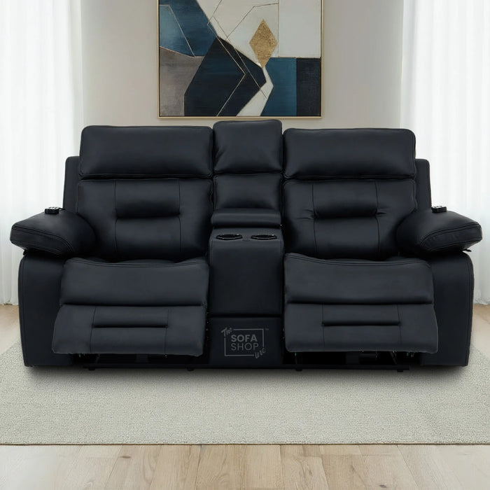 2+1 Electric Recliner Sofa Set inc. Chair in Black Real Leather with Massage, Storage & Power Headrest & Cup Holders - 2 Piece Cinema Sofa Set - Sicily