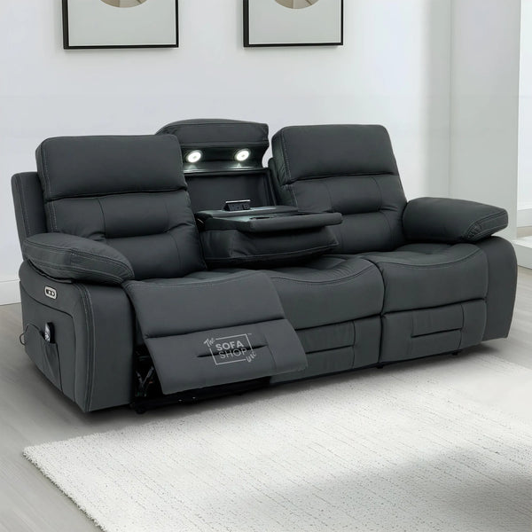 3 Seater Electric Recliner Cinema Sofa in Grey Real Leather | Hi-Tech Cinema Seats with Massage, Drop-Down Table, LED Reading Light, Power Headrest, Power Recliner, Storage Drawer, USB & Wireless Charging | Sicily