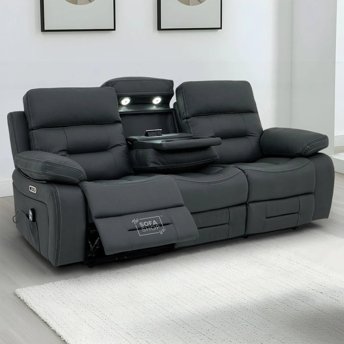 3 Seater Electric Recliner Cinema Sofa in Grey Real Leather | Hi-Tech Cinema Seats with Massage, Drop-Down Table, LED Reading Light, Power Headrest, Power Recliner, Storage Drawer, USB & Wireless Charging | Sicily