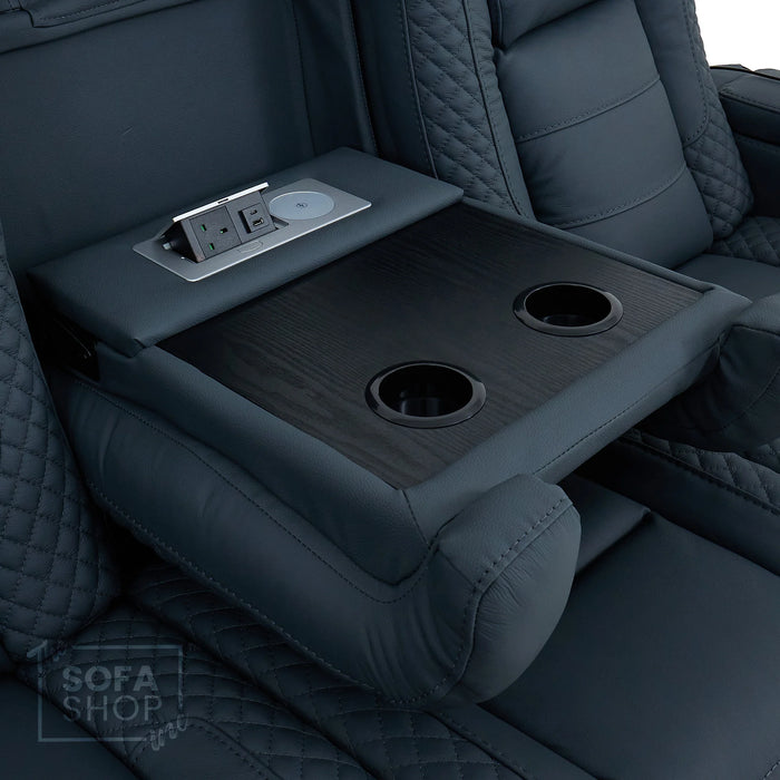 3 Seater Real Leather Electric Recliner Cinema Sofa in Blue | Massage & Heat, Bluetooth, Cooling Cup Holders, Tray Tables & Fold-Down Table | Napoli | The Sofa Shop