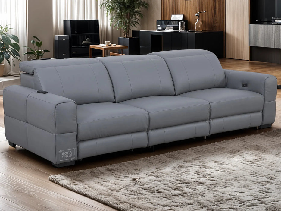 Extendable Electric Sofa - Bed in Grey Real Leather | 3 Independant Power Motion Seats Perfect for Cinema Room & Home Theatre | Adjustable Headrests | USBc Ports | Sevilla