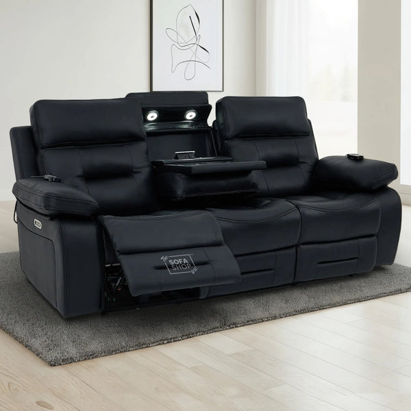 3 Seater Electric Recliner Cinema Sofa in Black Real Leather | Hi-Tech Cinema Seats with Massage, Drop-Down Table, LED Reading Light, Power Headrest, Power Recliner, Storage Drawer, USB & Wireless Charging | Sicily