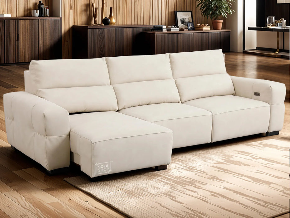 Extendable Electric Sofa - Bed in Cream Resillience Fabric | 3 Seater Smart Power Sliding Couch for Home Theatre Seating | USBc Ports | Murcia