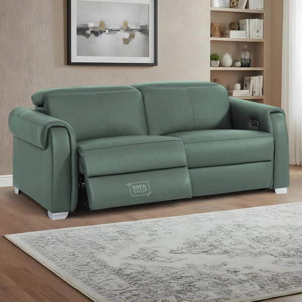 3 Seater Real Leather Recliner Sofa In Green | Hi-Tech Sofa with Massage, USB Ports & Power Headrest | Turin