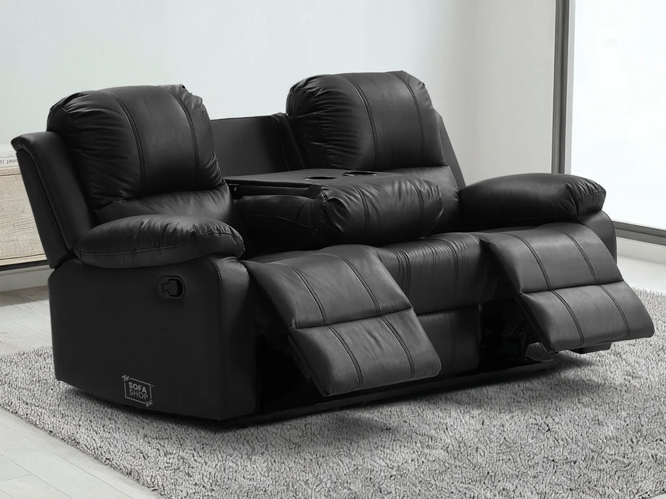 3 Seater Recliner Sofa in Black Leather with Drop-Down Table & Cup Holders | Easy to Clean & Comfortable | Trento