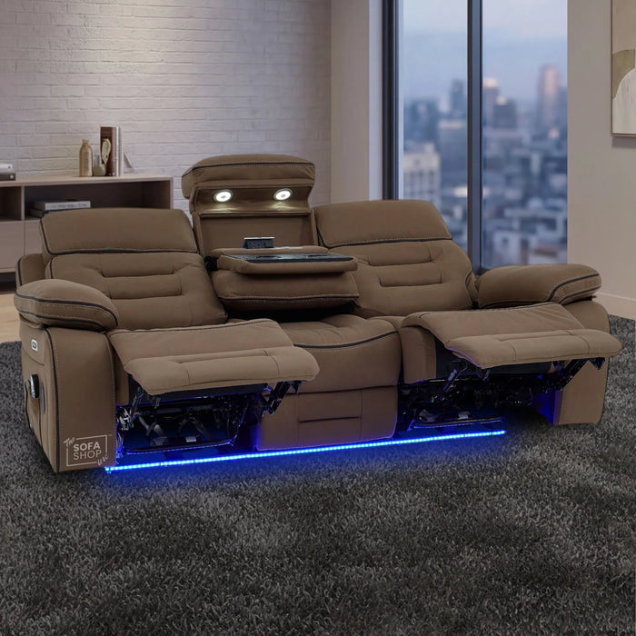 3 Seater Electric Recliner Cinema Sofa in Brown Fabric | Hi-Tech Sofa With Massage, Fold-Down Table, Bluetooth Speakers, LED Lights & Power Headrest | Tuscany | The Sofa Shop