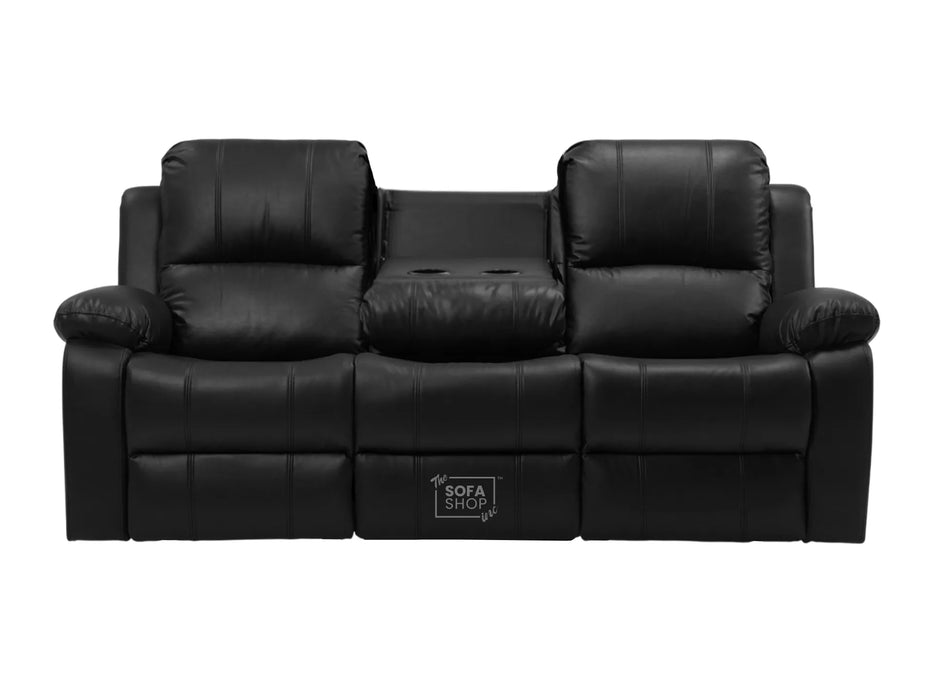 3 Seater Recliner Sofa in Black Leather with Drop-Down Table & Cup Holders | Easy to Clean & Comfortable | Trento