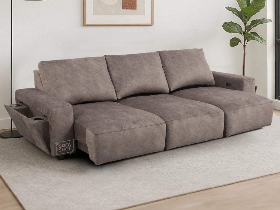 Extendable Electric Sofa - Bed in Mocha Velvet Fabric | 3 Independant Power Motion Seats Perfect for Cinema Room & Home Theatre | 3 Seater with Cupholder + USBc & Wireless Charging | Almeria