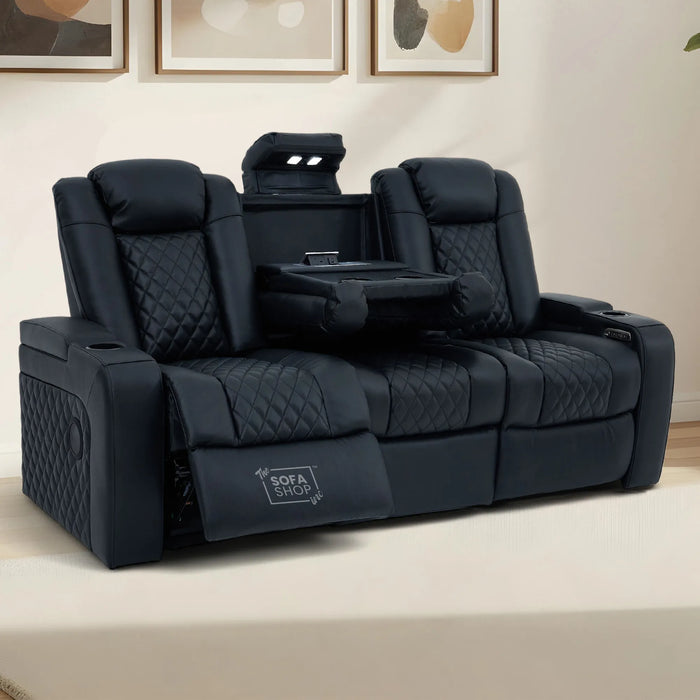 3 Seater Real Leather Electric Recliner Cinema Sofa in Black | Hi-Tech Sofa with Adjustable Headrest, Lumbar Support, Wireless Charger | Milano | The Sofa Shop