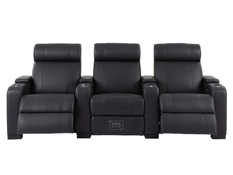 3 Seat Real Leather Electric Recliner Home Cinema Theatre Sofa in Black with Cupholders + USB + LED Lights | Rimini Series One