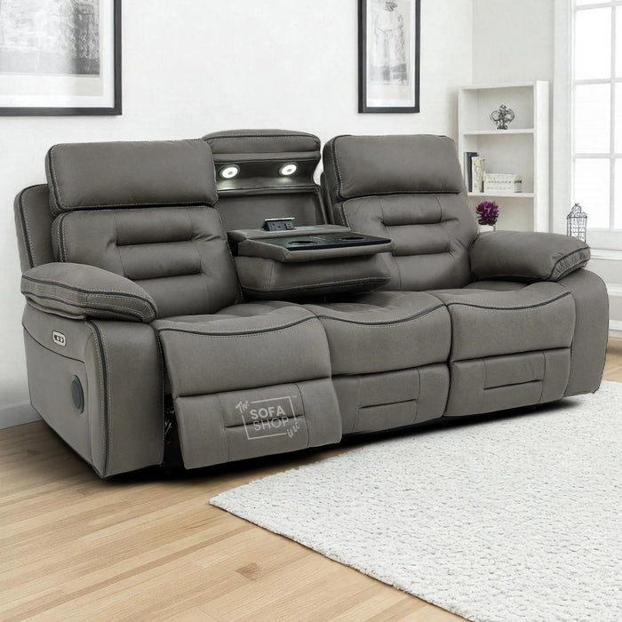 3 Seater Electric Recliner Cinema Sofa in Graphite Dark Grey Fabric | Hi-Tech Sofa with Cupholders + Console + Table + Power Headrest + USB Ports + Speakers | Tuscany | The Sofa Shop