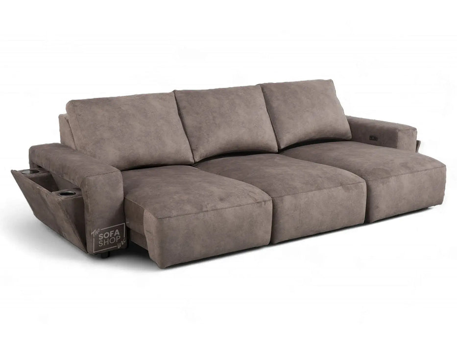 Extendable Electric Sofa - Bed in Mocha Velvet Fabric | 3 Independant Power Motion Seats Perfect for Cinema Room & Home Theatre | 3 Seater with Cupholder + USBc & Wireless Charging | Almeria
