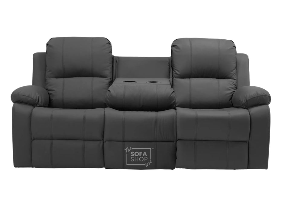 3 Seater Recliner Sofa in Grey Leather with Drop-Down Table & Cup Holders | Stylish & Easy-Care Recliner Sofa | Trento