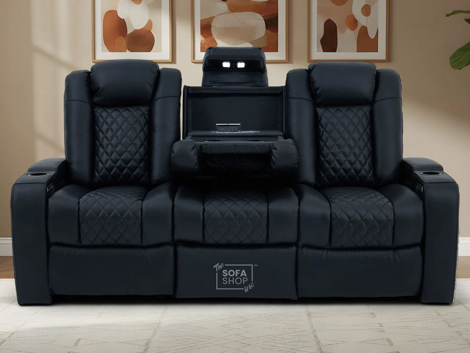3 Seater Real Leather Electric Recliner Cinema Sofa in Black | Hi-Tech Sofa with Adjustable Headrest, Lumbar Support, Wireless Charger | Milano | The Sofa Shop