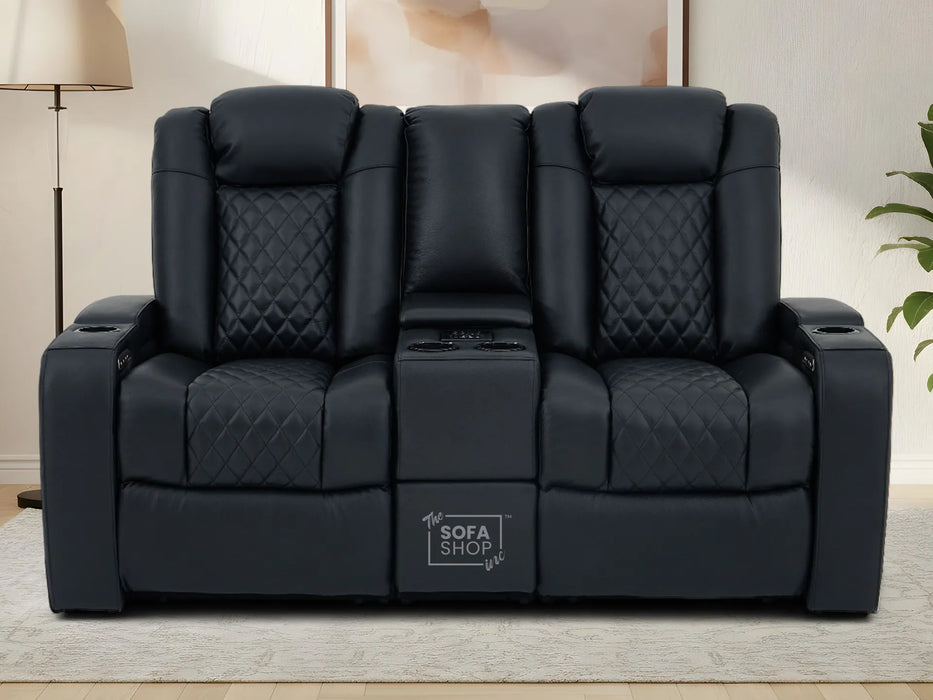 2 Seater Real Leather Electric Recliner Cinema Sofa in Black | Hi-Tech Sofa with Adjustable Headrest, Lumbar Support, Bluetooth Speaker | Milano | The Sofa Shop