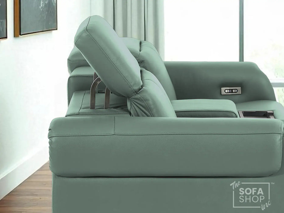 2 Seater Real Leather Electric Recliner Sofa | Cinema Sofa | Hi-Tech Sofa in Green with Massage, Middle Console, Adjustable Headrests & USB | Turin