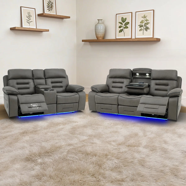 3+2 Sofa Set. Electric Cinema Sofa Suite in Graphite Fabric | Hi-Tech Sofa Set with Cupholders + Massage + Console + Power + USB + Speakers | Tuscany | The Sofa Shop