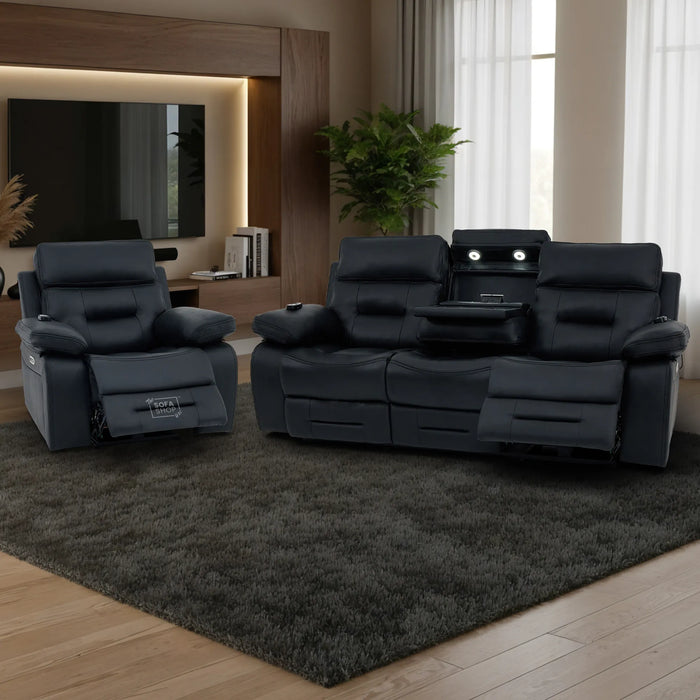 3+1 Electric Recliner Sofa Suite in Black Real Leather | Hi-Tech Cinema Set with Massage, Drop-Down Table, Power Headrest, Power Recliner, Storage Drawer, USB & Wireless Charging | Sicily