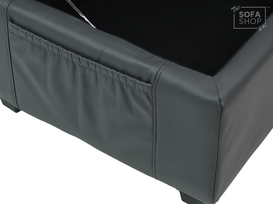 Grey Leather Storage Footstool - Ravenna