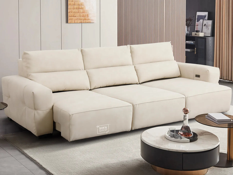 Extendable Electric Sofa - Bed in Cream Resillience Fabric | 3 Seater Smart Power Sliding Couch for Home Theatre Seating | USBc Ports | Murcia