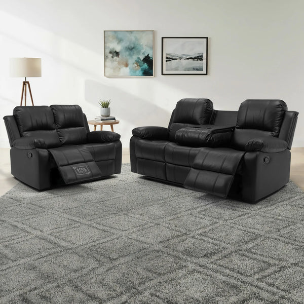 3 2 Recliner Sofa Set in Black Leather | 2 Piece Recliner Sofa Package Suite with Drop-Down Table & Drink Holders | Practical Seating for Family Living | Trento