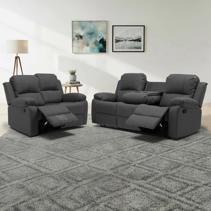 3+2 Recliner Sofa Set in Grey Leather | 2 Piece Sofa Set with Drop-Down Table & Cup Holders | Trento