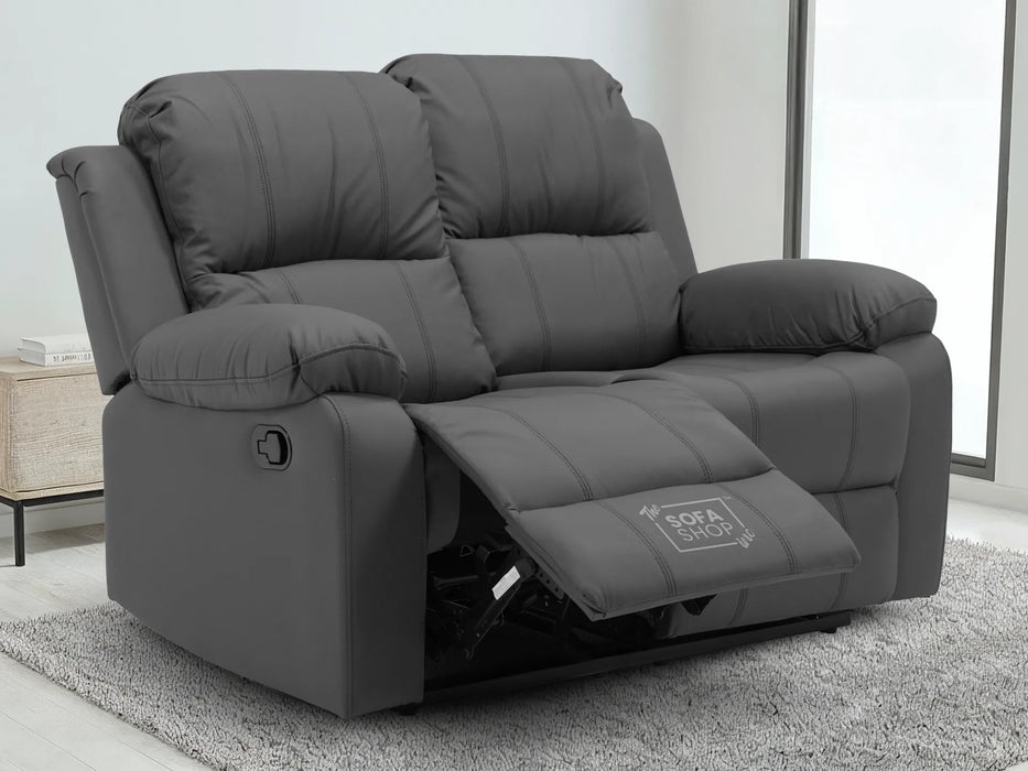 3+2 Recliner Sofa Set in Grey Leather | 2 Piece Sofa Set with Drop-Down Table & Cup Holders | Trento