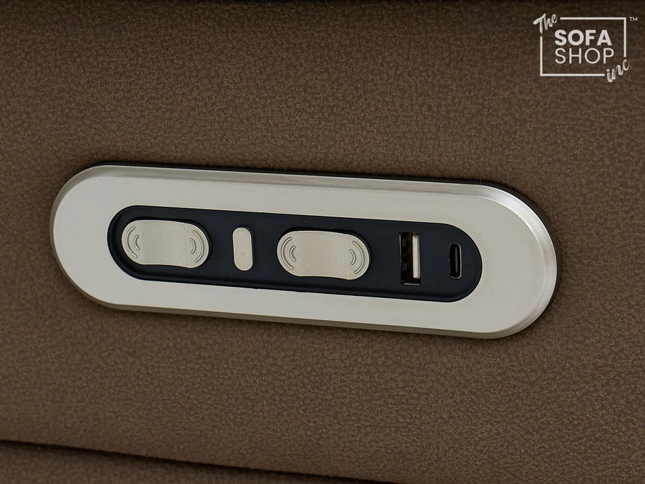 2 Seater Electric Recliner Cinema Sofa in Brown Fabric | Hi-Tech Sofa with 8-Point Massage, USB, Speakers, Power Headrest, Storage & Chilled Cup Holders | Tuscany | The Sofa Shop