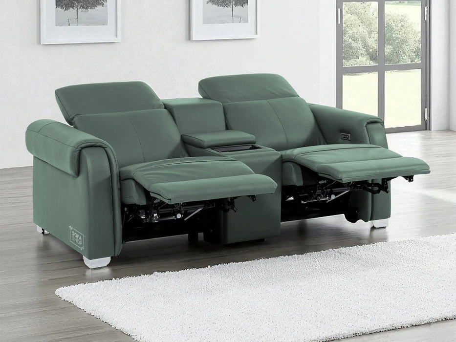 3+2+1 Electric Recliner Couch Set | 3 Piece Reclining Lounge Suite in Green Real Leather with Massage, Console, Wireless Charging, USB Ports & Power Headrests | Turin | The Sofa Shop