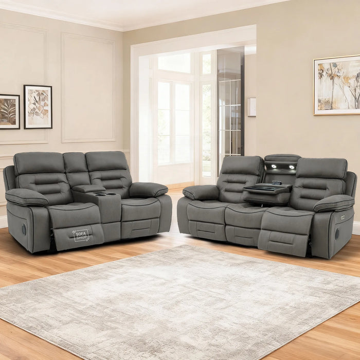3+2 Sofa Set. Electric Cinema Sofa Suite in Graphite Fabric | Hi-Tech Sofa Set with Cupholders + Massage + Console + Power + USB + Speakers | Tuscany | The Sofa Shop