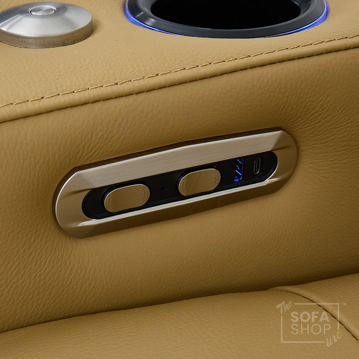 Real Leather Electric Recliner Cinema Chair in Tan | Hi-Tech Power Chair with USB Charging, Heating, Cup Holders, Storage, LED Lights & Massage | Capri | The Sofa Shop